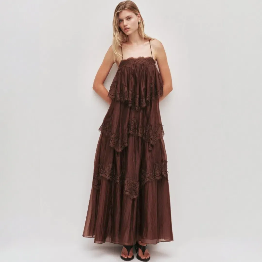 AJE Ophelia Lace Gown In Chocolate Size 10 for rent on The Volte - main image