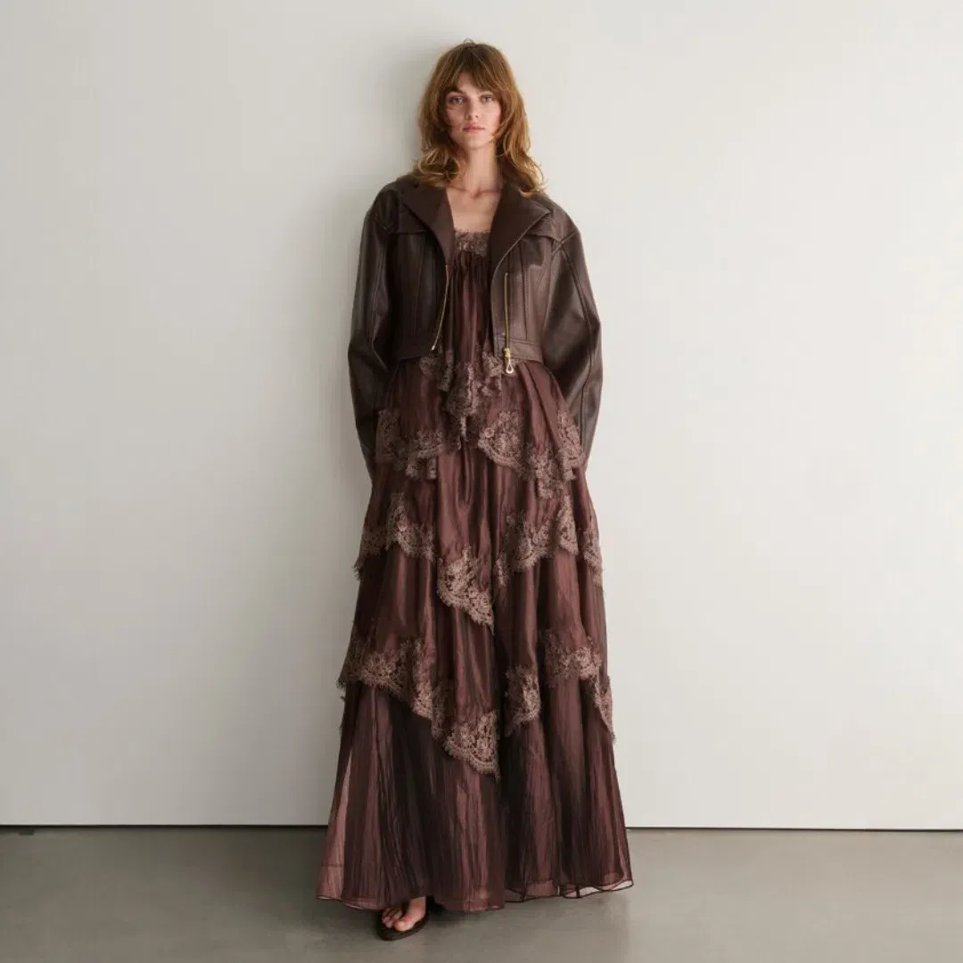 AJE Ophelia Lace Gown In Chocolate Size 10 for rent on The Volte - main image