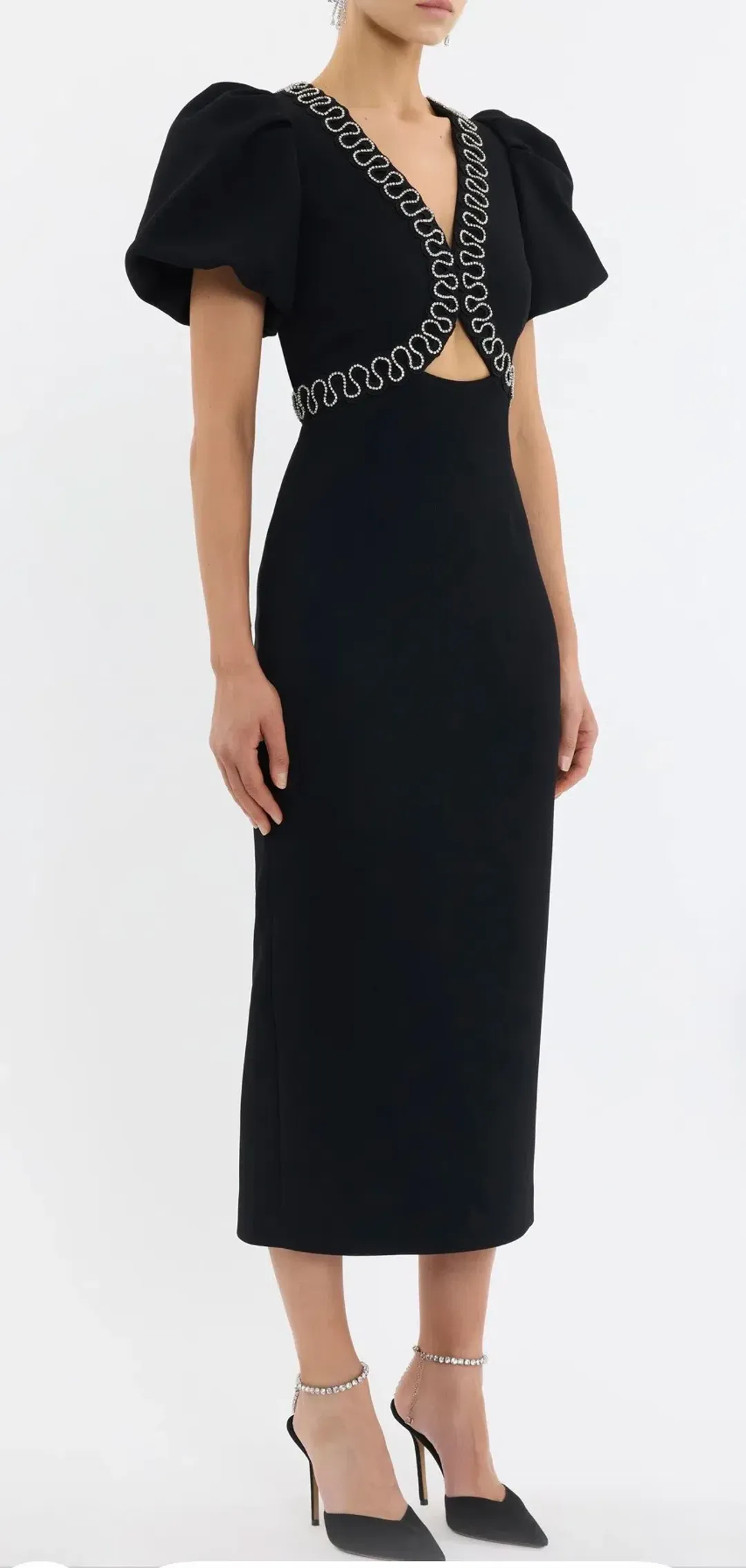 Rebecca Vallance NYX Puff Sleeve midi dress in black size 12 for rent on The Volte - main image