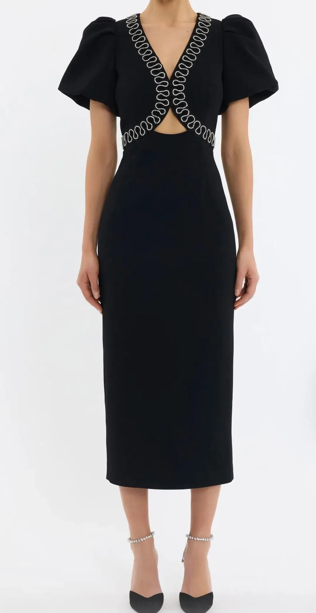 Rebecca Vallance NYX Puff Sleeve midi dress in black size 12 for rent on The Volte - main image