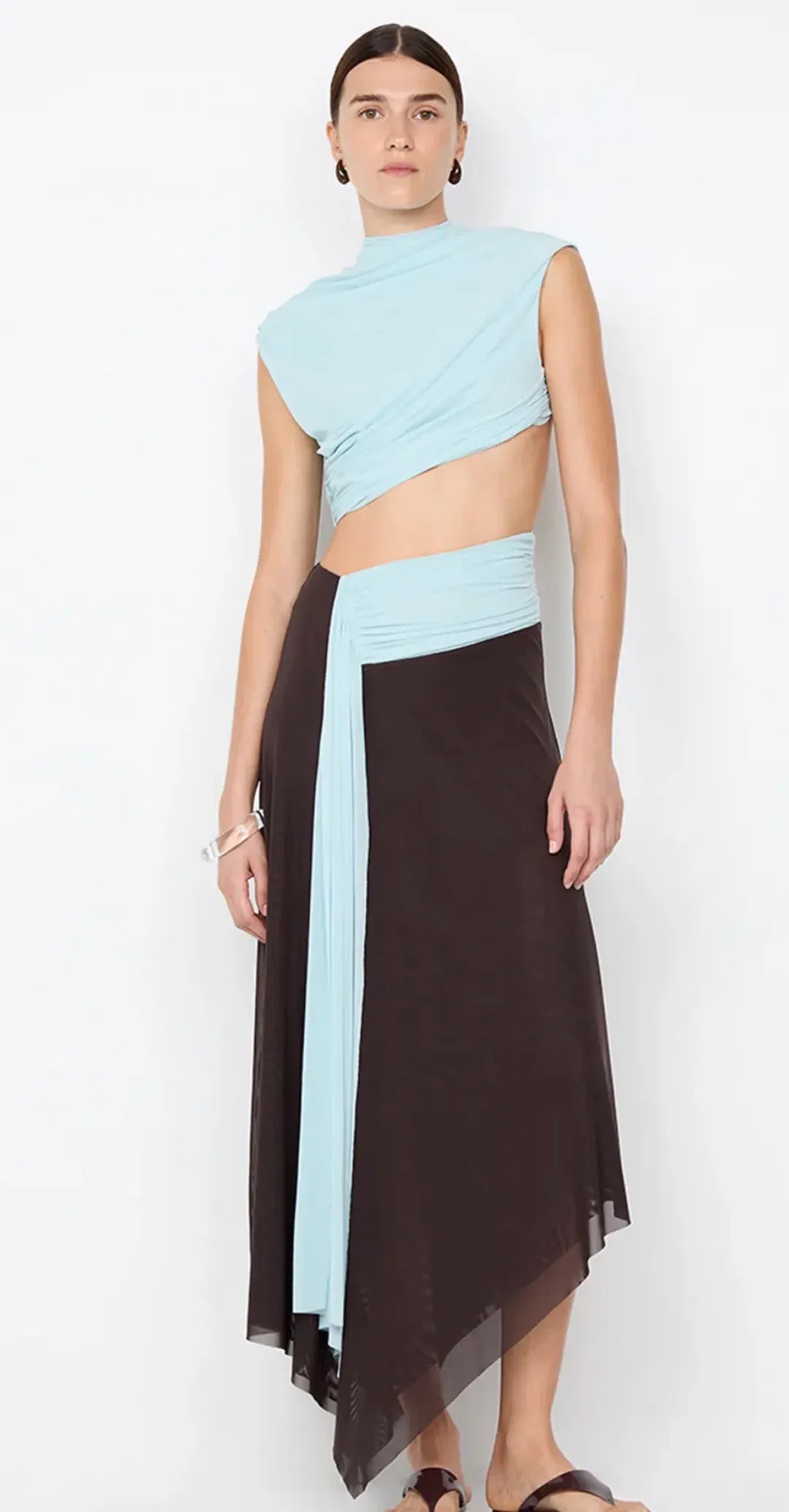 Bec & Bridge - Conni Asym Midi Dress – Arctic Blue / Dark Chocolate- Size 8  for rent on The Volte - main image