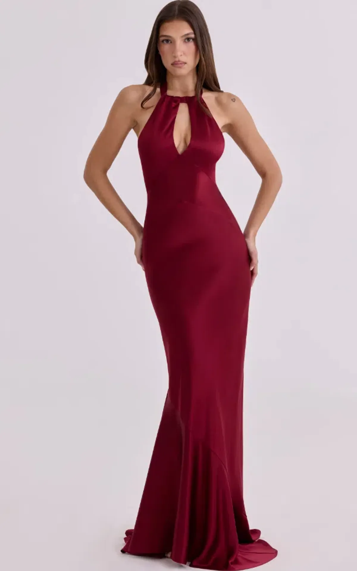 House of CB Oliviana wine satin halter maxi dress Size M for rent on The Volte - main image