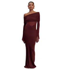 Meshki Kaitlin One Shoulder Slinky And Mesh Maxi Dress - Burgundy - Size L / AU 12 for rent on The Volte - image 1