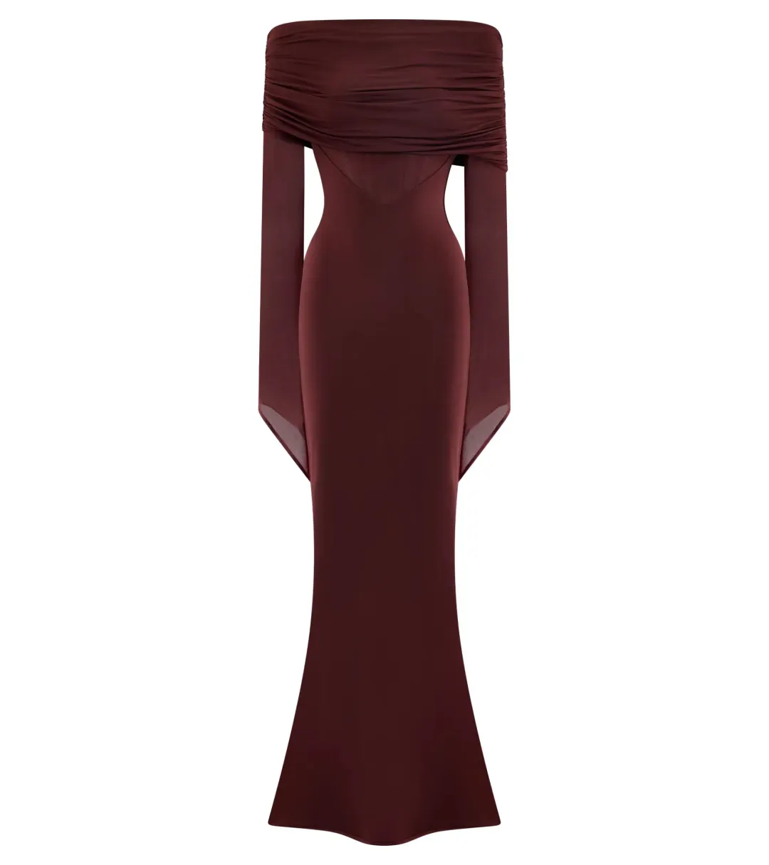 Meshki Kaitlin One Shoulder Slinky And Mesh Maxi Dress - Burgundy - Size L / AU 12 for rent on The Volte - main image