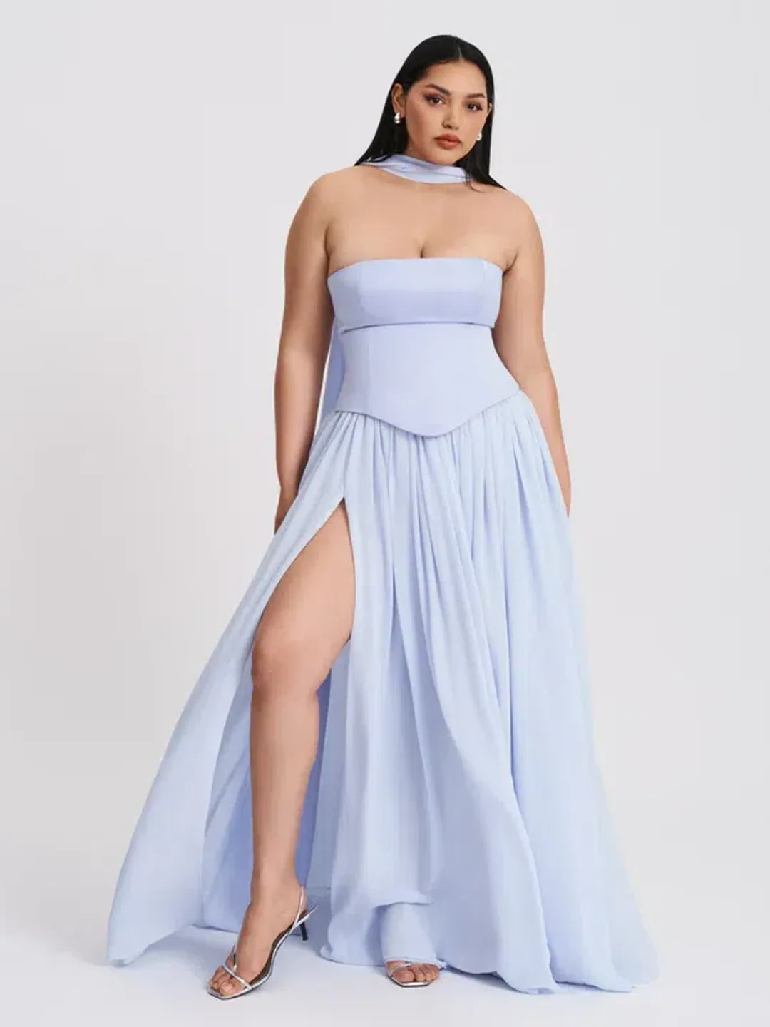 Qianna Baby Blue Peplum Drop Waist Chiffon Gown for rent on The Volte - main image
