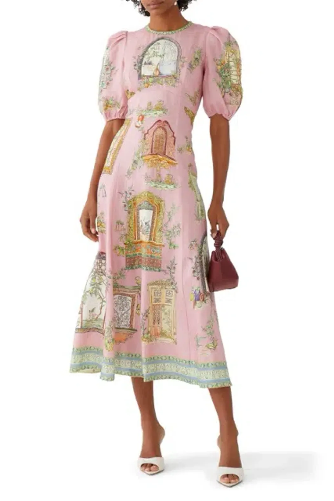 ALEMAIS Monte Midi Dress Pink Print Size 8 AU for rent on The Volte - main image