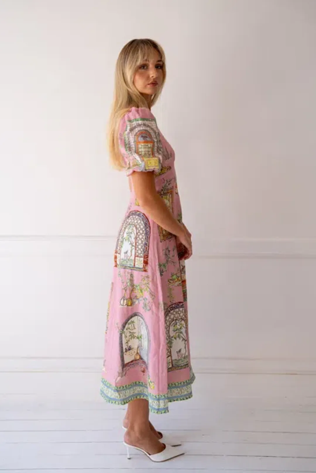 ALEMAIS Monte Midi Dress Pink Print Size 8 AU for rent on The Volte - main image