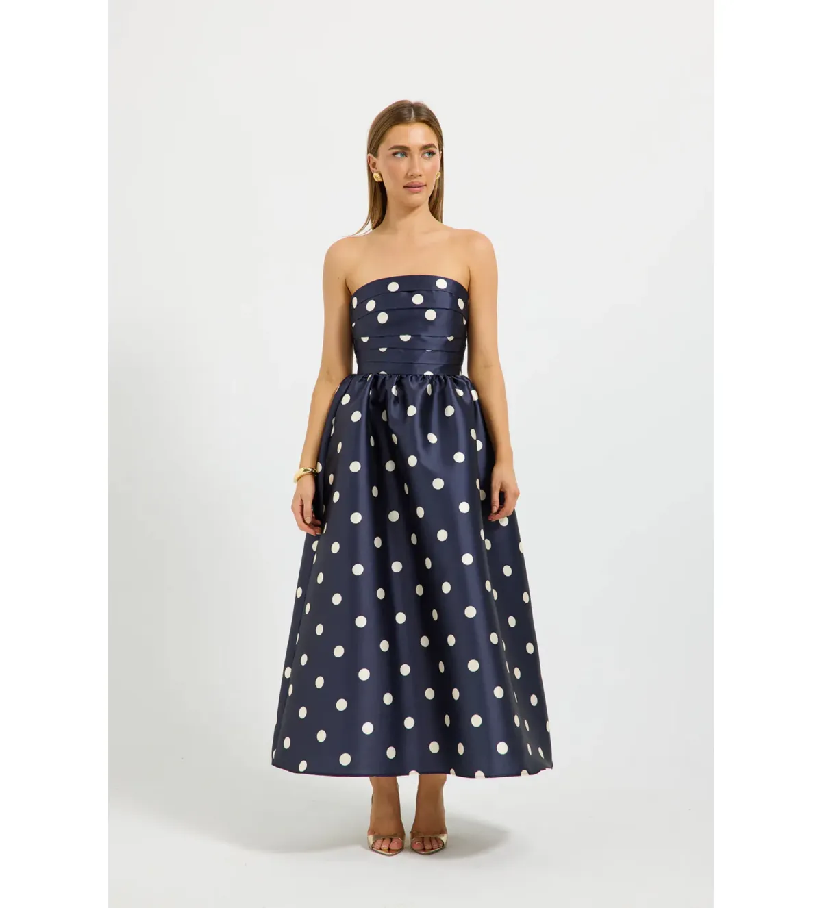Pasduchas Dottie Strapless Midi Dress in Navy Size AU6 for rent on The Volte - main image