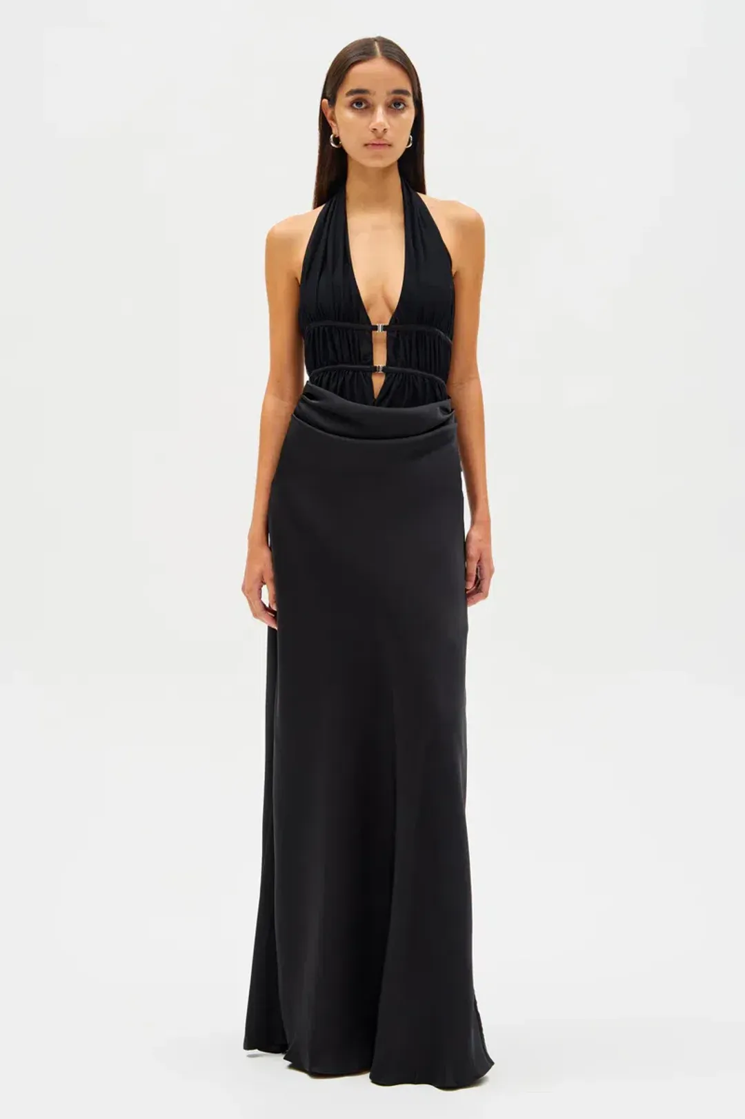 New MISHA Celine Satin Maxi Dress in Black - Size 6 / XXS formal gown for rent on The Volte - main image
