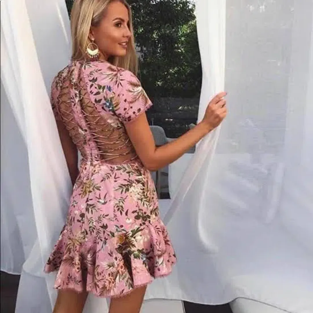 ZIMMERMANN TROPICALE LATTICE MINI DRESS PINK FLORAL | Size 0 AU 8 for rent on The Volte - main image