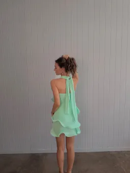 Meshki Caprice Halter Knit Mini Dress Lagoon Size Small for rent on The Volte - image 3