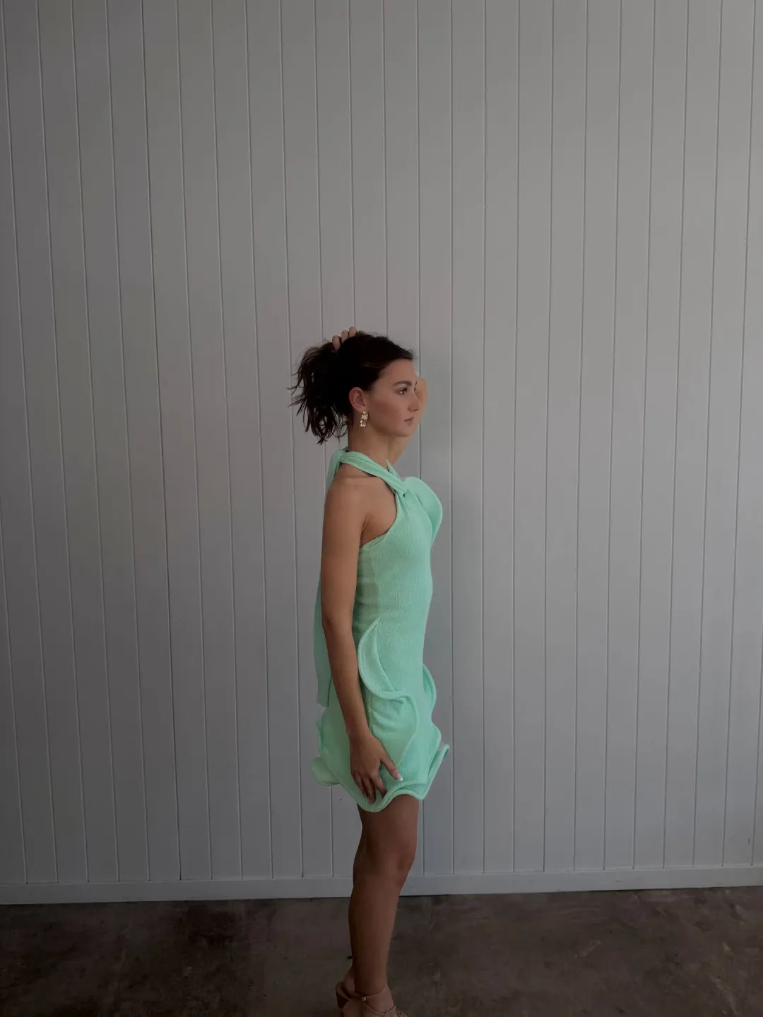 Meshki Caprice Halter Knit Mini Dress Lagoon Size Small for rent on The Volte - main image