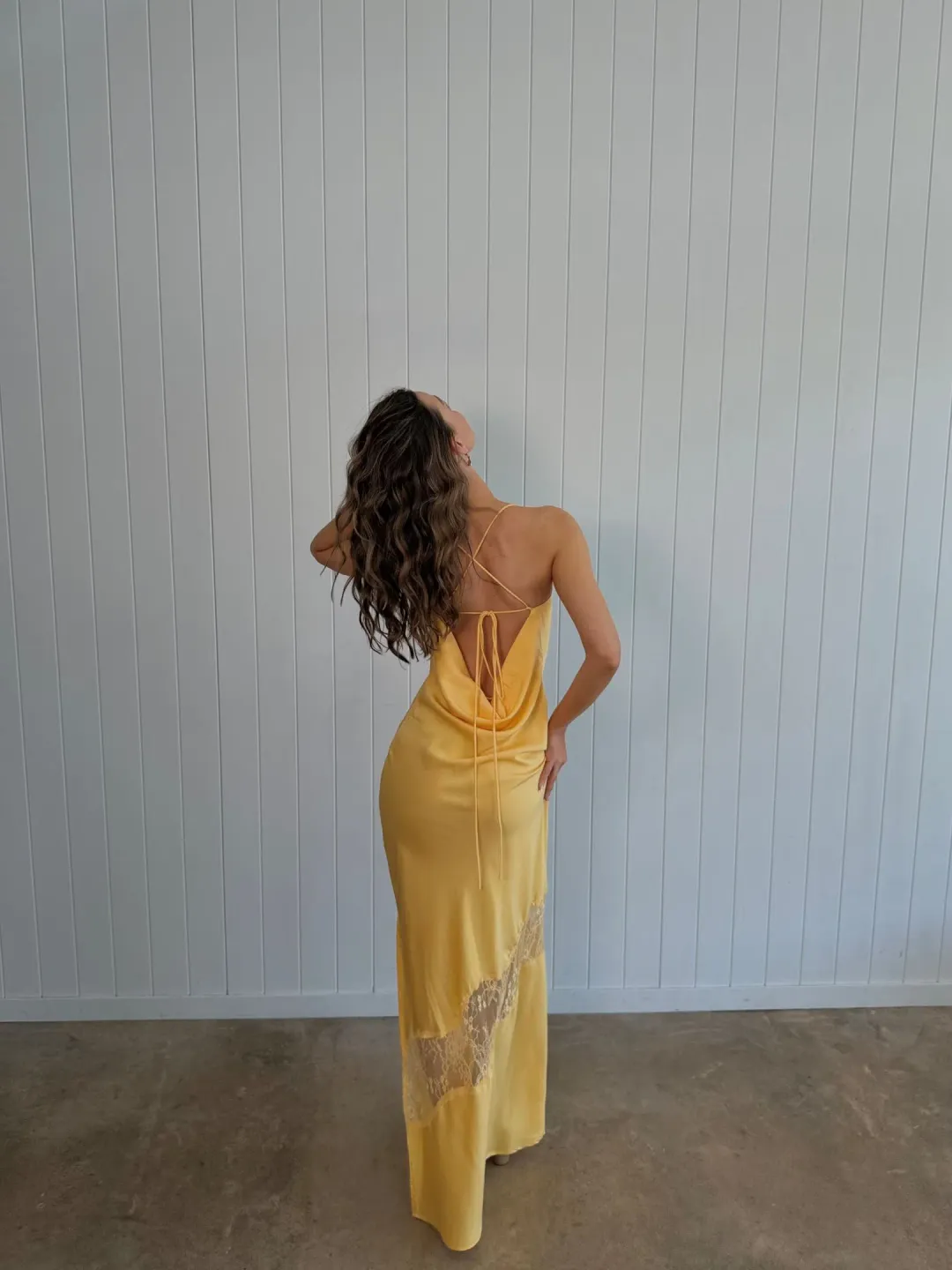 Meshki Chandra Lace Satin Maxi Dress Lemon Size 8 for rent on The Volte - main image