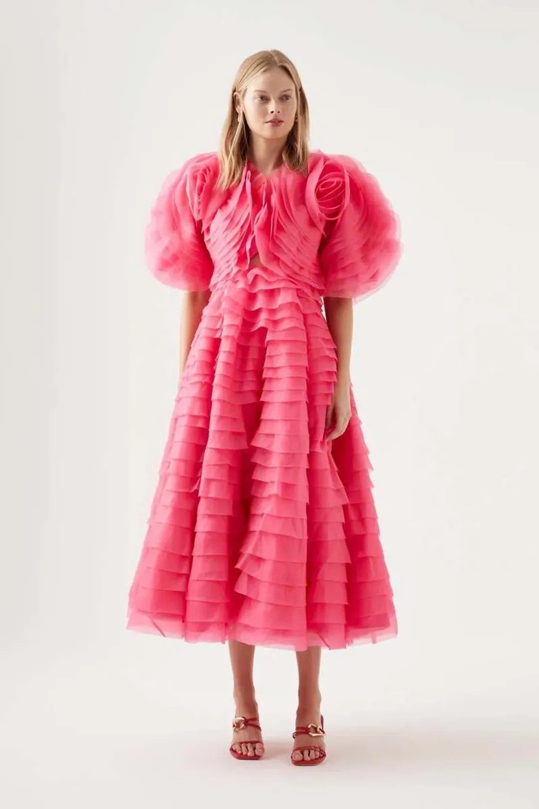 Aje Amour Ruffle Midi Dress in Pink Size AU 10 for rent on The Volte - main image