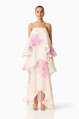 ELLIATT Rova Tiered Gown in Cream & Pink Floral for rent on The Volte - image 1