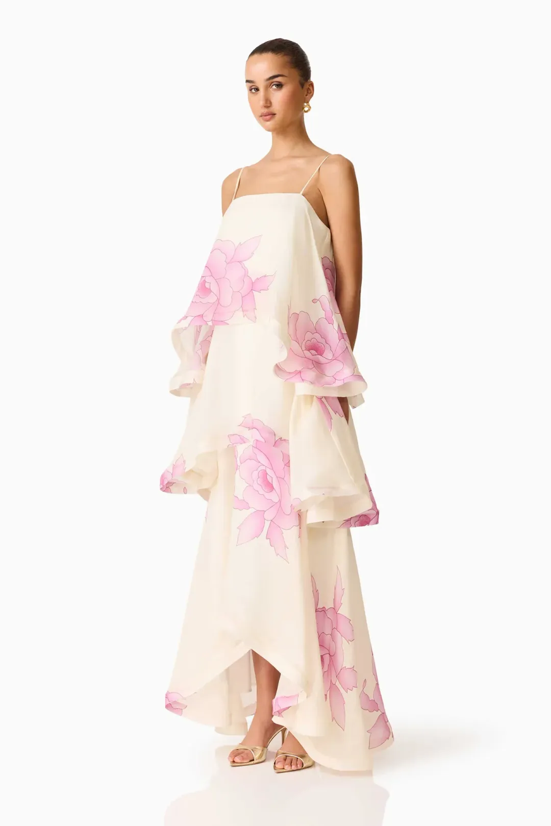 ELLIATT Rova Tiered Gown in Cream & Pink Floral for rent on The Volte - main image