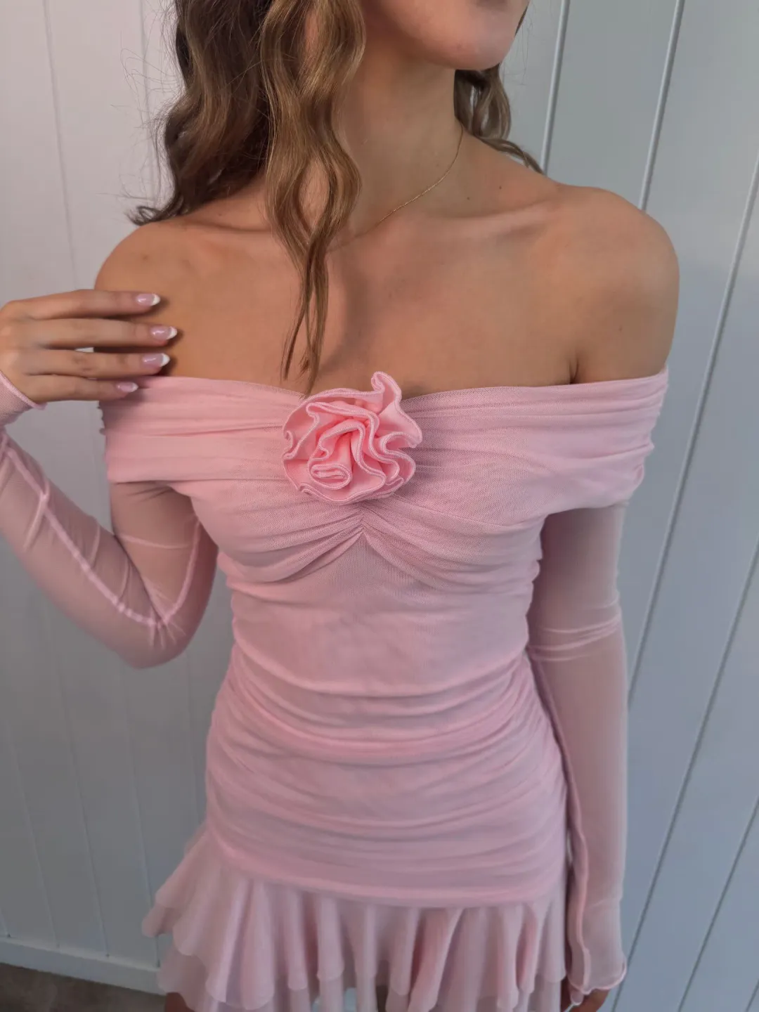 Chosen By Tuchuzy Off Shoulder Mesh Rose Mini (Bubblegum) Size 6 for rent on The Volte - main image