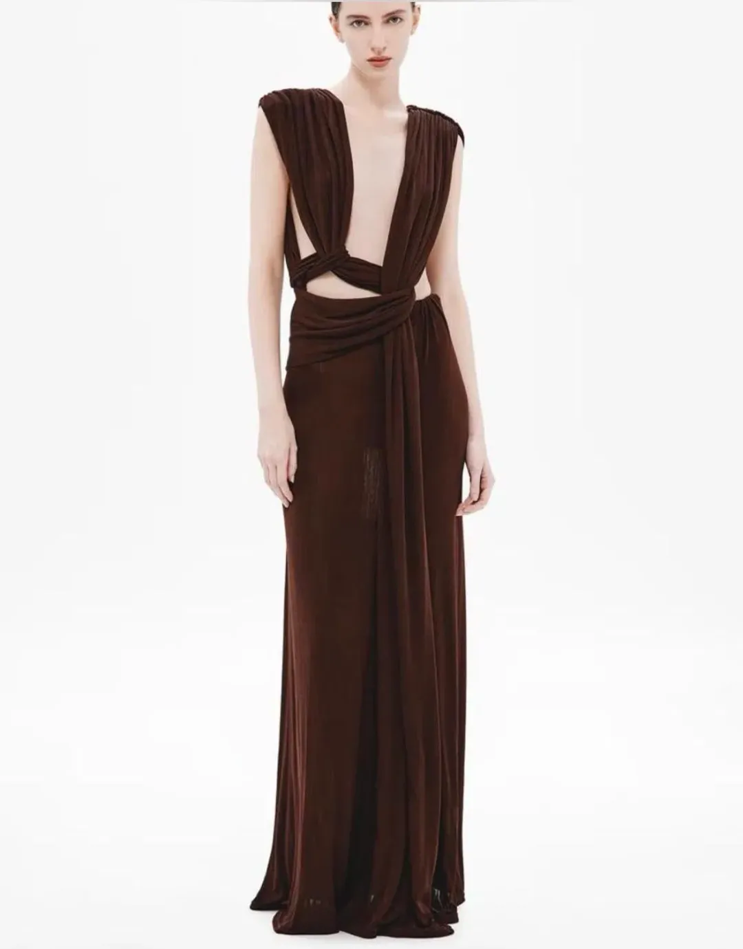 MISHA COLLECTION NAOMI DRAPED RIB DRESS BROWN SIZE L for rent on The Volte - main image