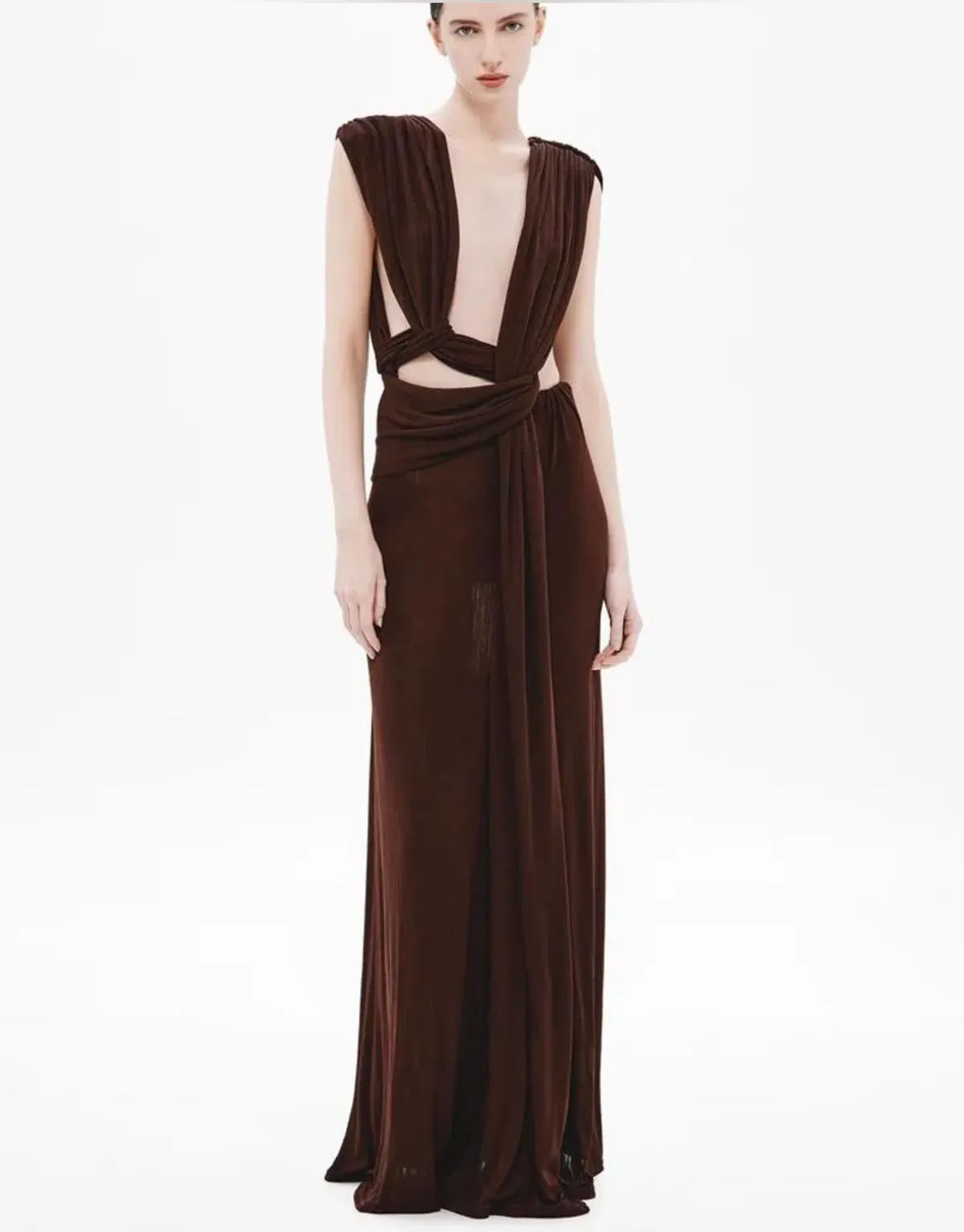 MISHA COLLECTION NAOMI DRAPED RIB DRESS BROWN SIZE L for rent on The Volte - main image