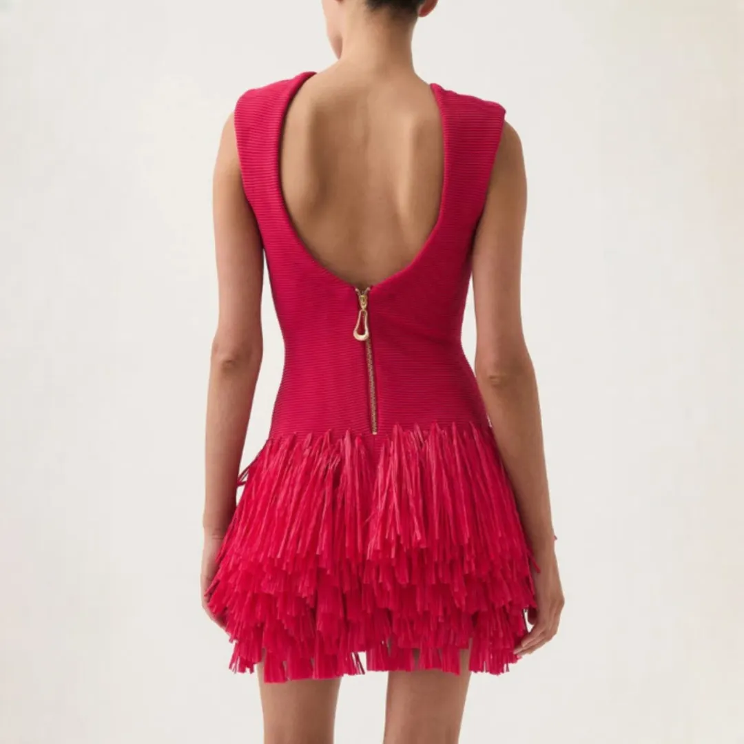 Aje Rushes Raffia Fuchsia Knit Mini Dress Size Medium / 10 AU for rent on The Volte - main image