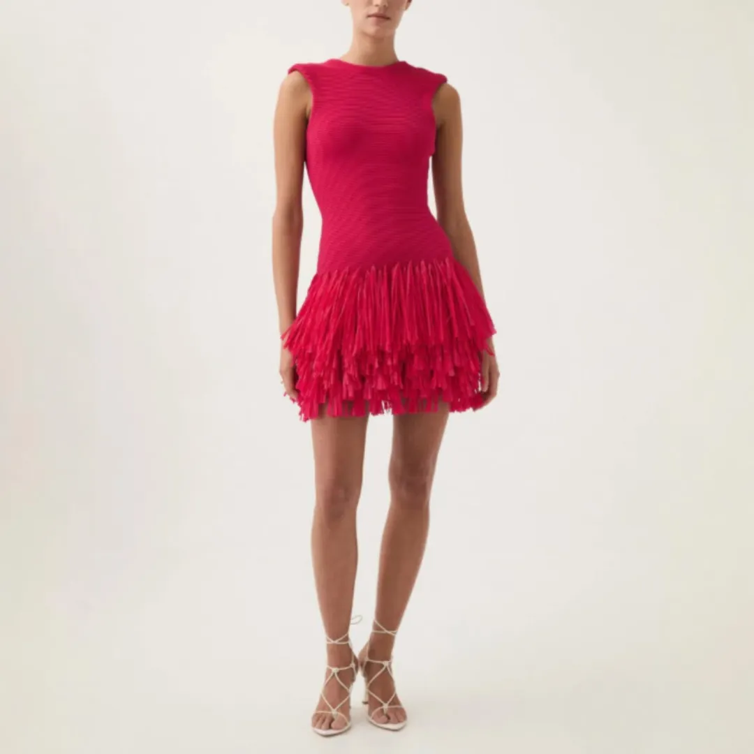 Aje Rushes Raffia Fuchsia Knit Mini Dress Size Medium / 10 AU for rent on The Volte - main image