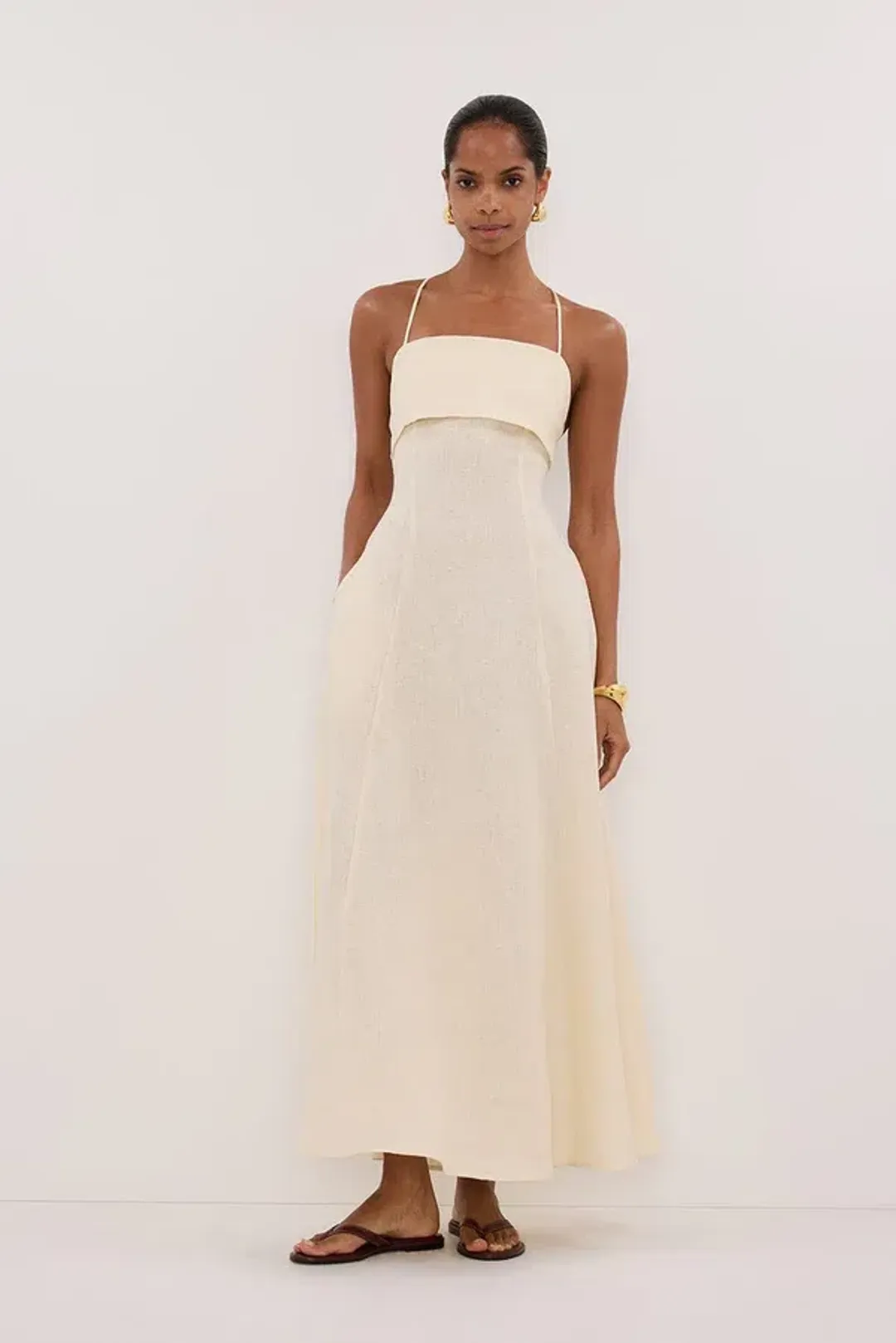 DANIELLA STRAW LINEN TIE BACK MIDI DRESS for rent on The Volte - main image
