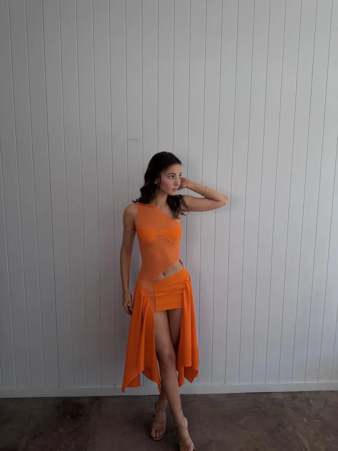 SKETCH-Y the Label Mesh Cut Out Mini Dress Orange Tricot Size 6 for rent on The Volte - main image