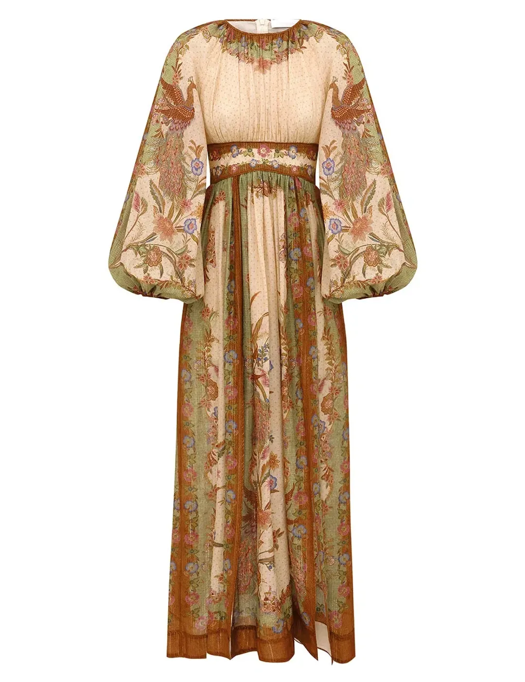 Zimmermann Indra Waisted Maxi Dress Cream Khaki Scarf Floral Size 0 for rent on The Volte - main image
