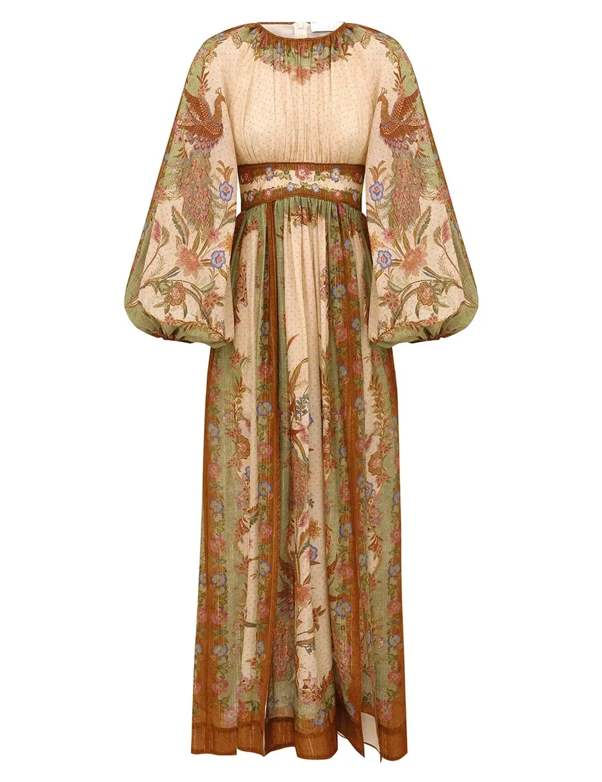 Zimmermann Indra Waisted Maxi Dress Cream Khaki Scarf Floral Size 0 for rent on The Volte - main image