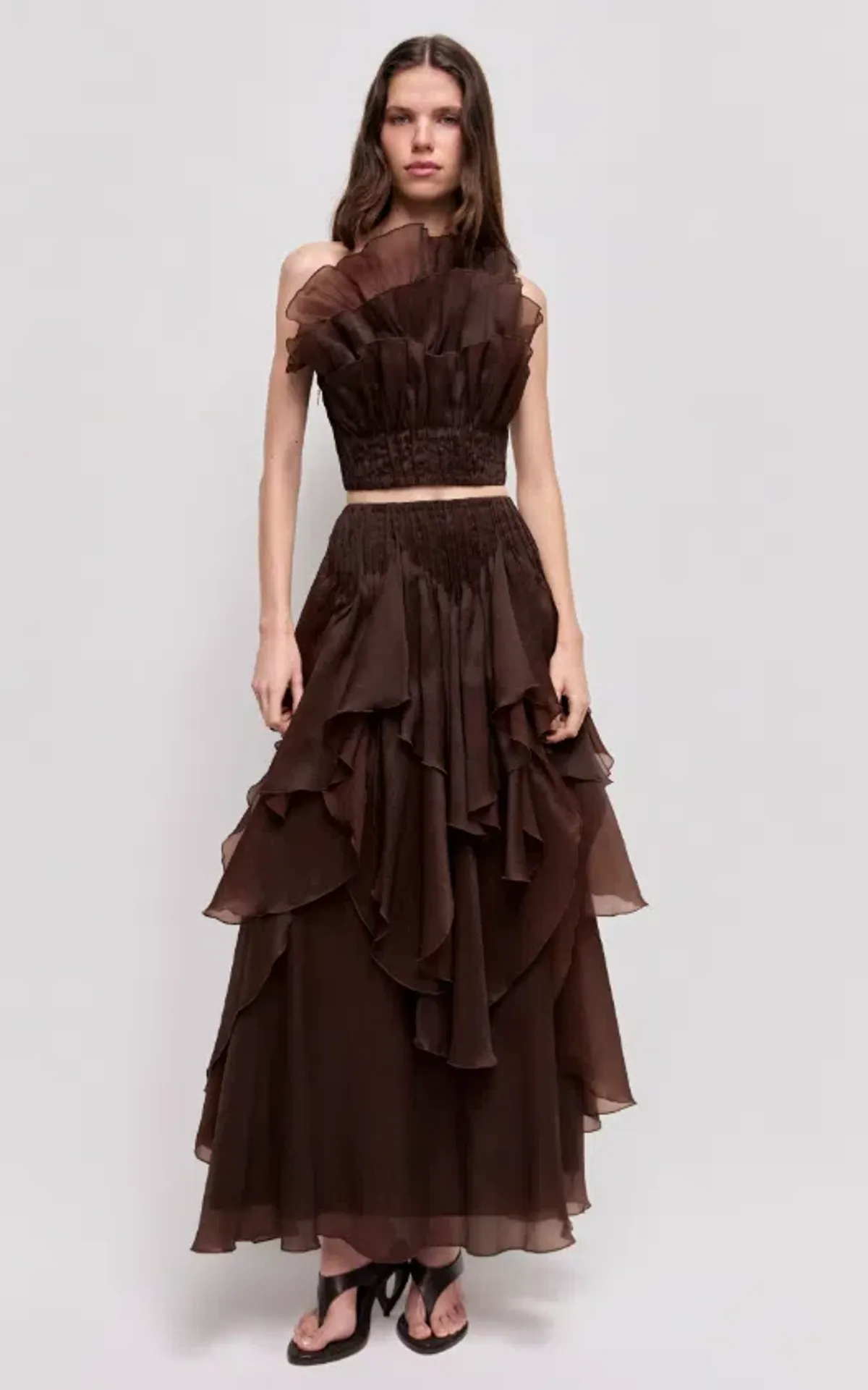 AJE Leigh Top and Leigh Maxi Skirt Chocolate Size 8 for rent on The Volte - main image