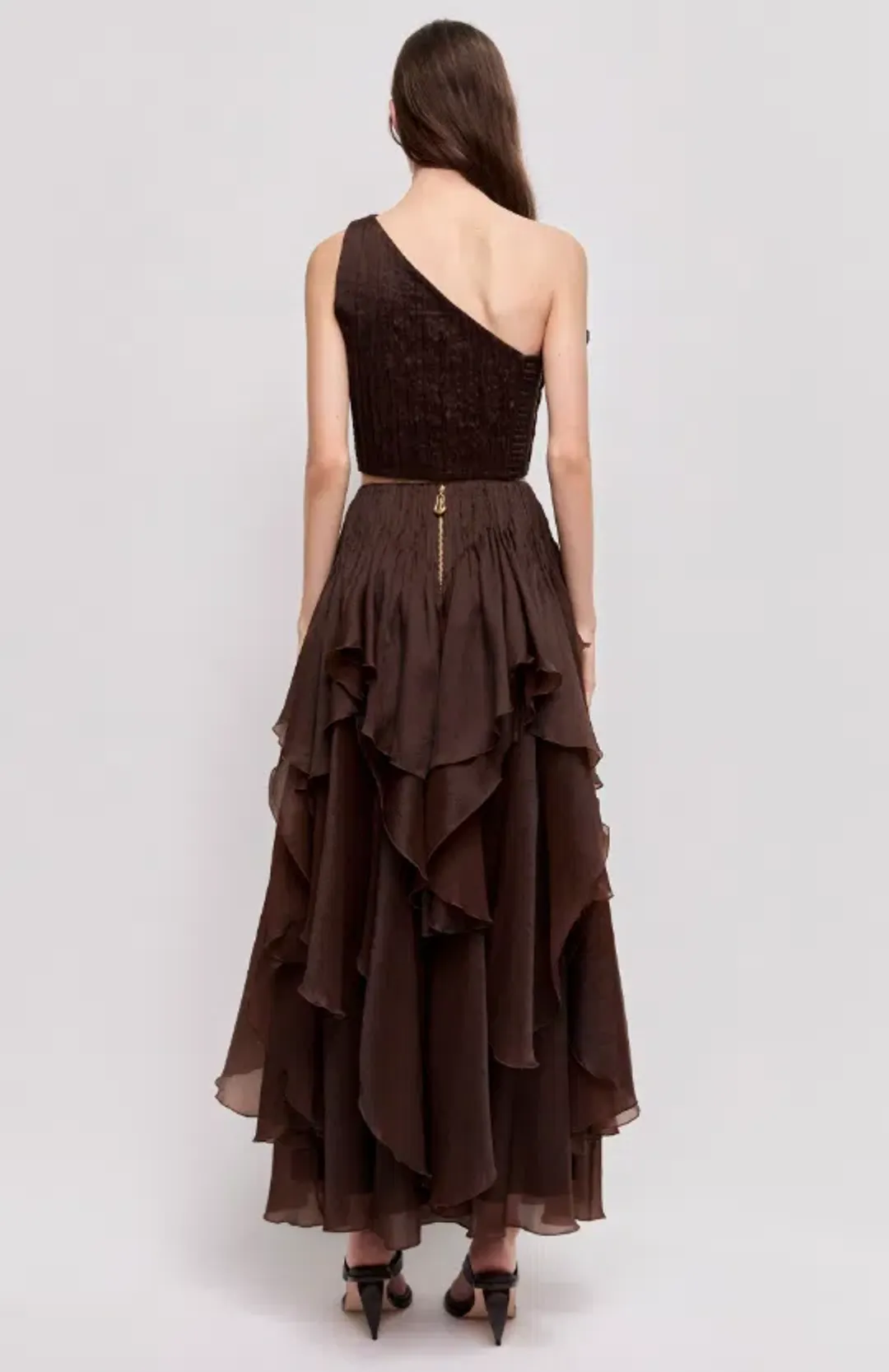 AJE Leigh Top and Leigh Maxi Skirt Chocolate Size 8 for rent on The Volte - main image