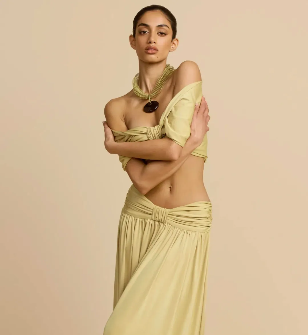 ARCINA ORI ALESSIA CROPPED TOP AND MAXI SKIRT SET SAND YELLOW XS / AU 6 for rent on The Volte - main image