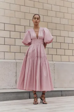 Aje Fallingwater Ruched Midi Dress in Chalk Pink Size AU 12 for rent on The Volte - image 1