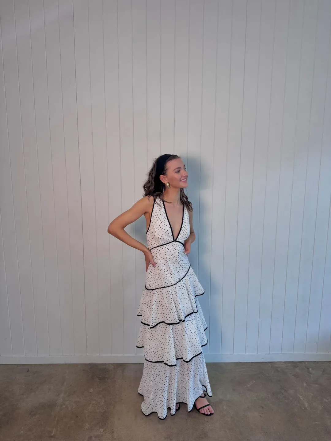 White & Black Polka Dot Maxi Dress Size Small for rent on The Volte - main image