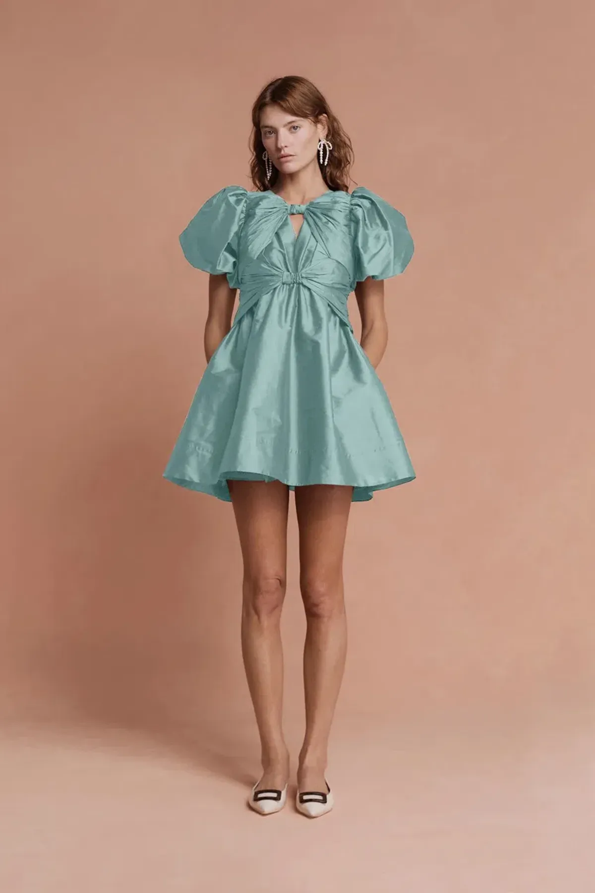 Lovaan Iris Mini Dress Sage Size 14 for rent on The Volte - main image