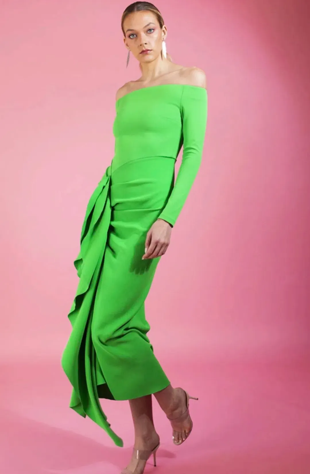 Solace London Off-the-shoulder Ruffled Dress Lotus Green Size 10 for rent on The Volte - main image