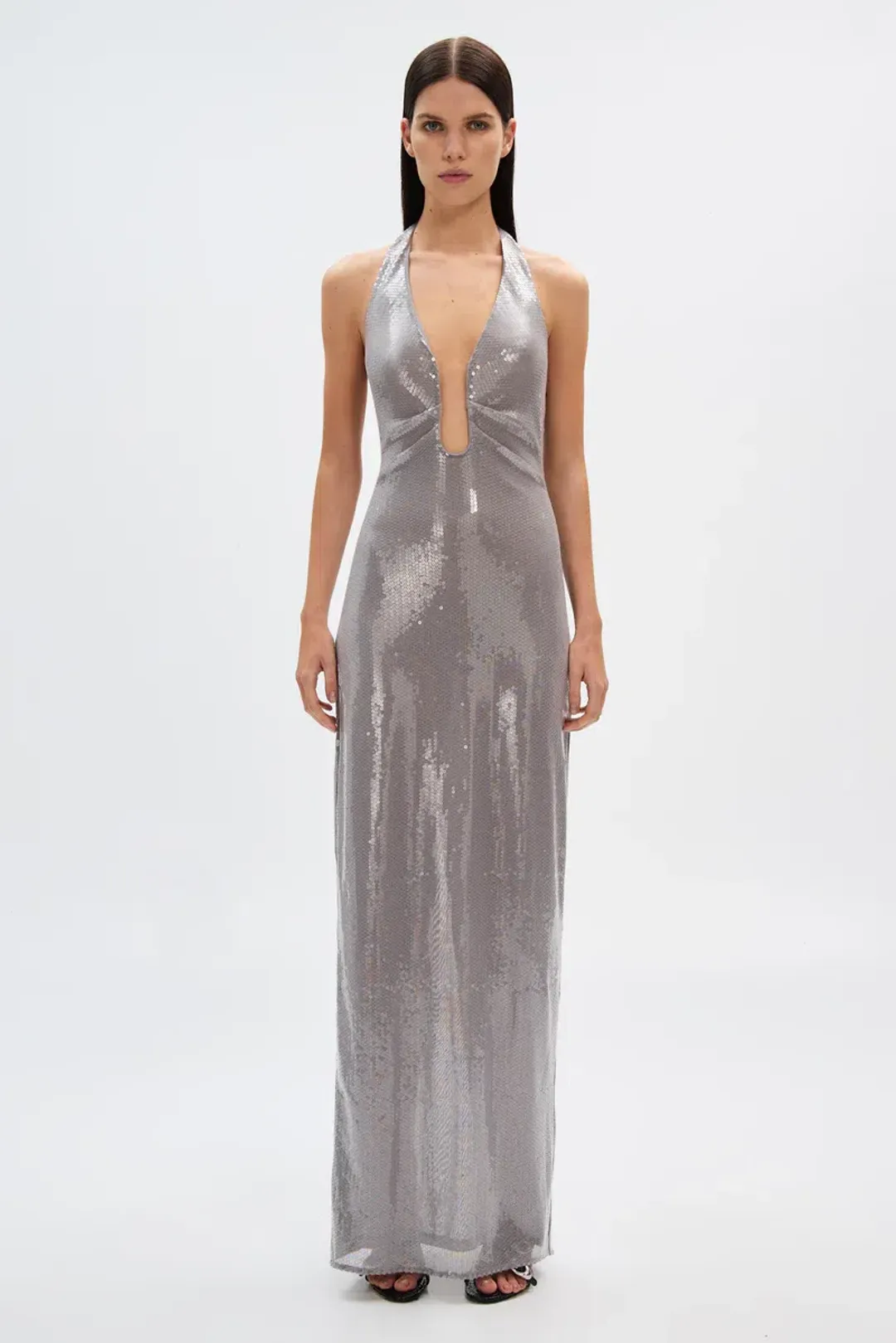 MISHA ‘Alusia’ Sequin Maxi Dress – Pewter Silver – Size AU M/10 ✨ for rent on The Volte - main image