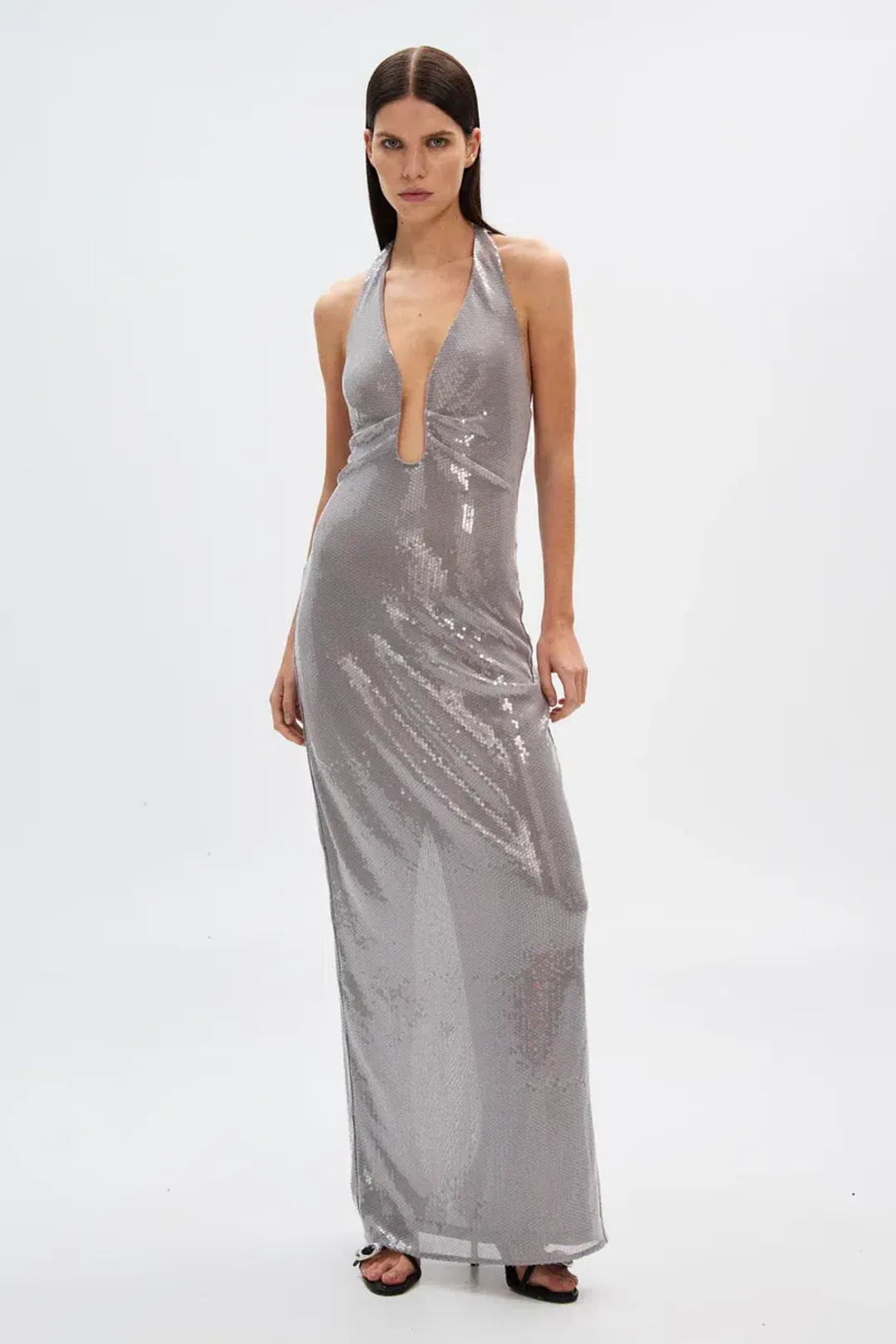 MISHA ‘Alusia’ Sequin Maxi Dress – Pewter Silver – Size AU M/10 ✨ for rent on The Volte - main image
