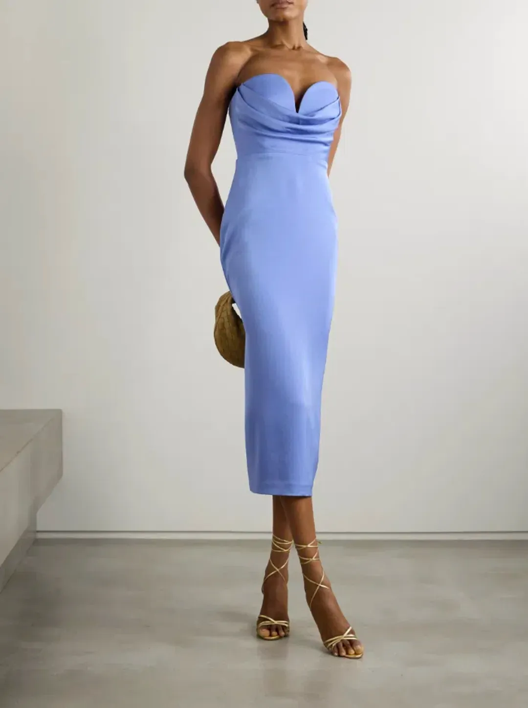 ALEX PERRY Strapless Draped Satin-Crepe Midi Dress Bridesmaid Dress in Blue AU 10 for rent on The Volte - main image