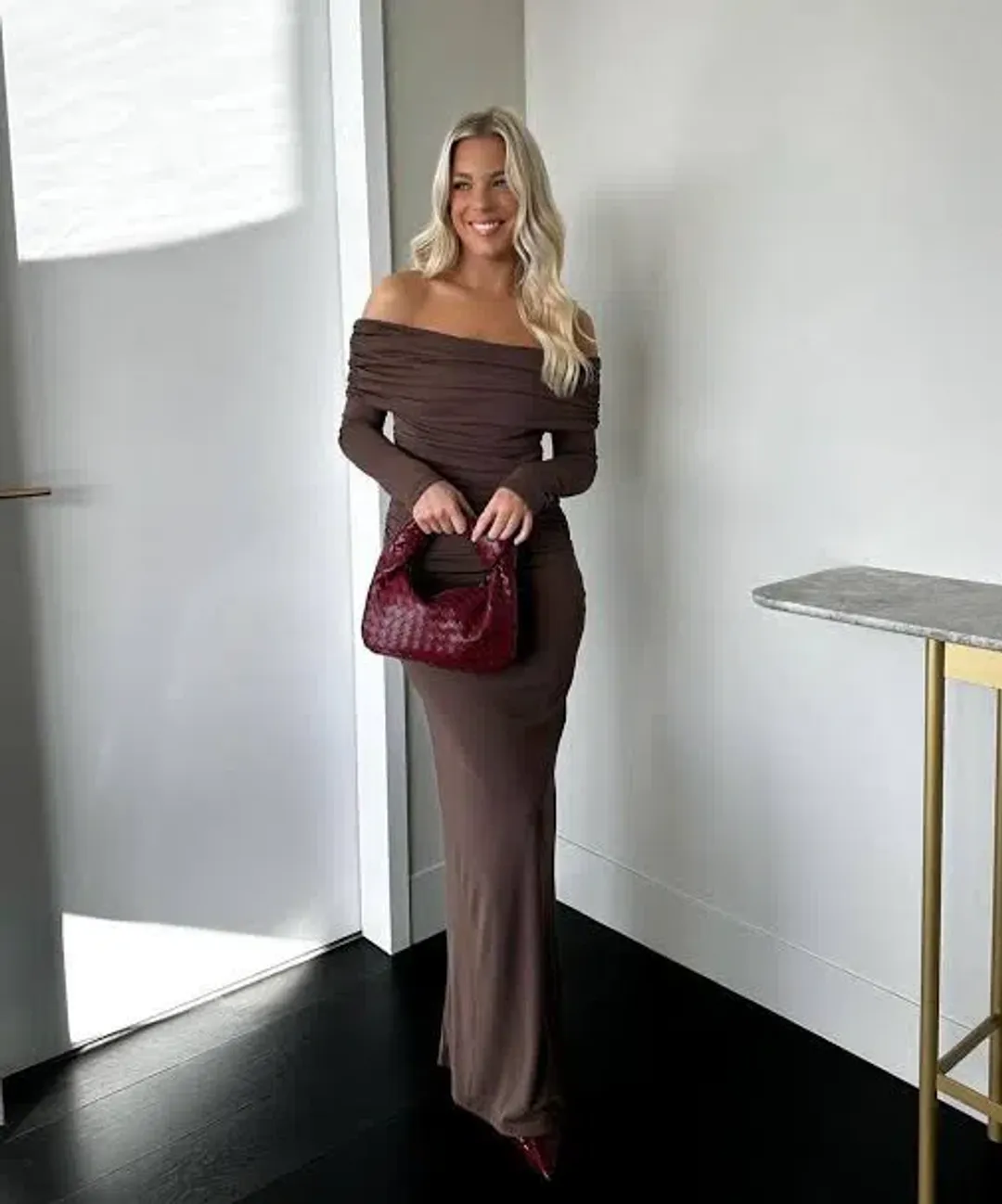 BENNI LORENA MAXI DRESS IN ASH BROWN | Size AU 10 for rent on The Volte - main image