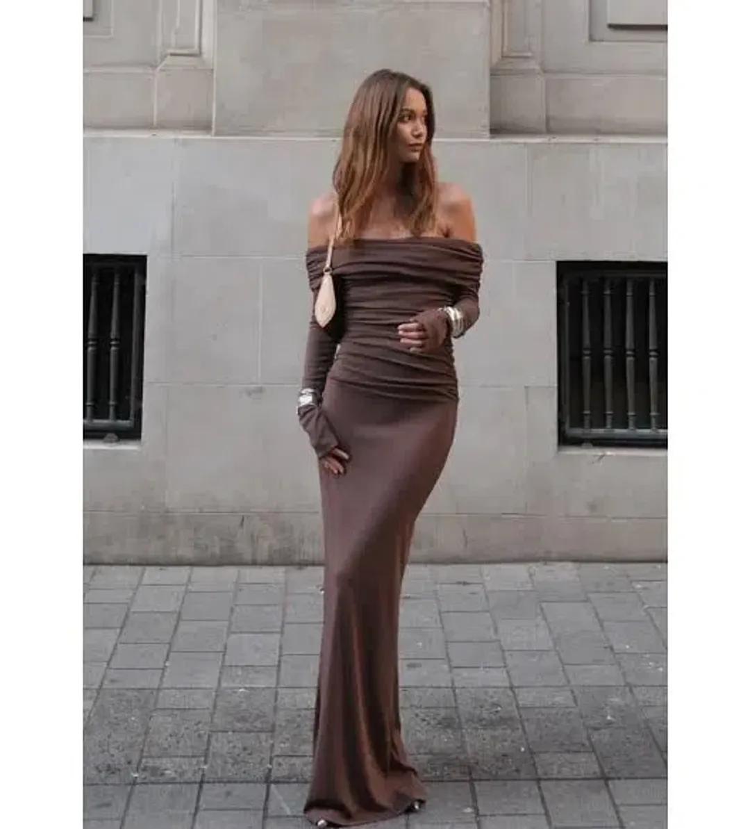 BENNI LORENA MAXI DRESS IN ASH BROWN | Size AU 10 for rent on The Volte - main image