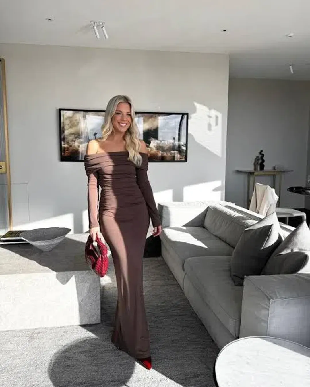 BENNI LORENA MAXI DRESS IN ASH BROWN | Size AU 10 for rent on The Volte - main image