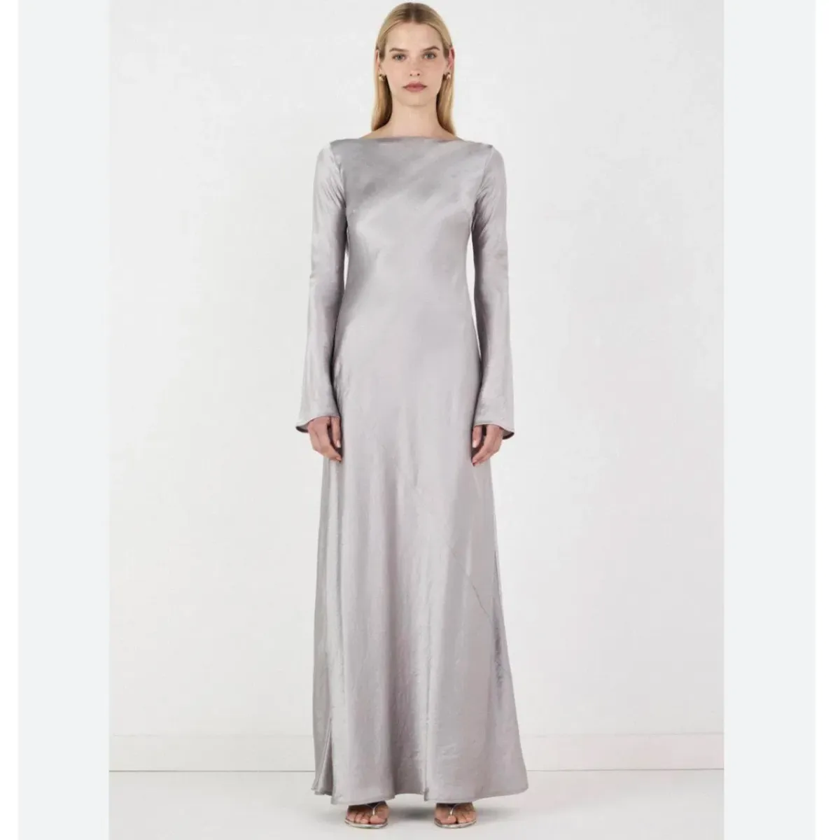Hansen & Gretel Sundra Backless Maxi Dress Silver SIZE SMALL for rent on The Volte - main image
