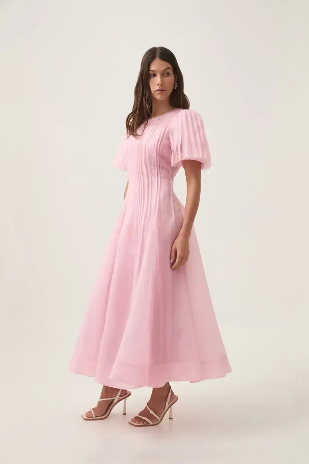 Aje Nova Pleated Midi Dress Chalk Pink Size AU 10 for rent on The Volte - main image
