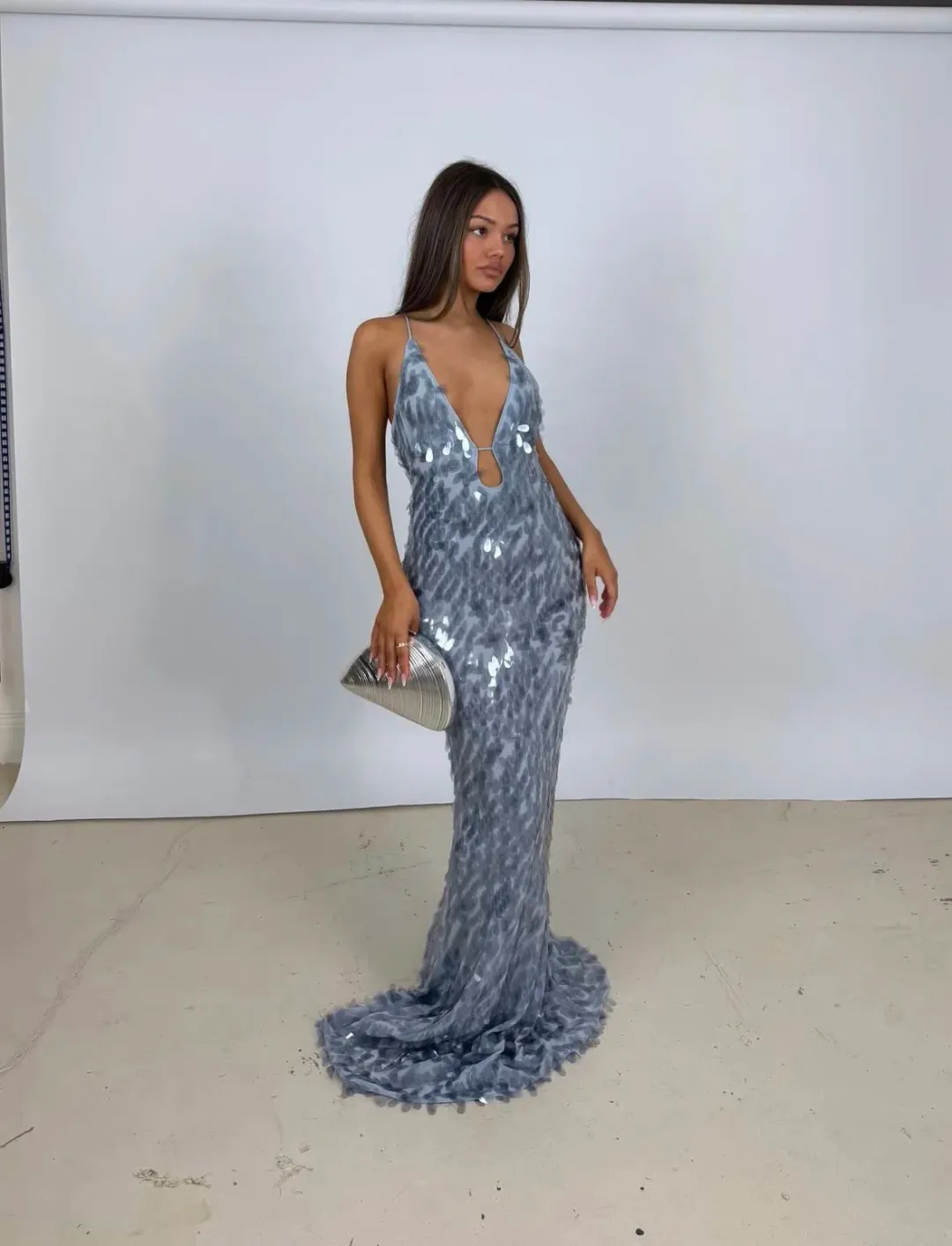 MISHA THE SAPPHIRE SEQUIN DRESS in dove grey size 8 for rent on The Volte - main image