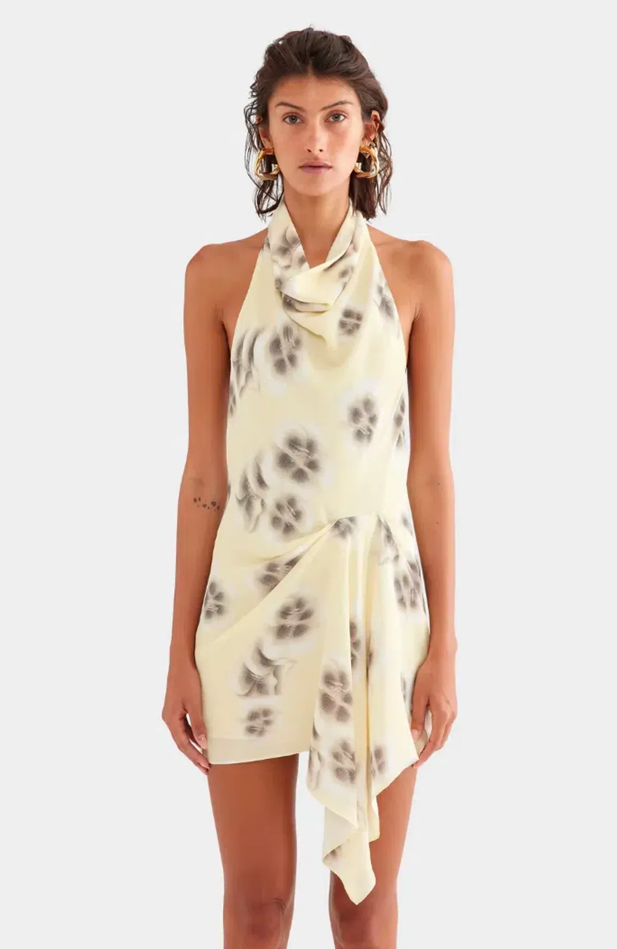 Venroy Draped Halter mini - pale yellow blurred floral - size XS for rent on The Volte - main image