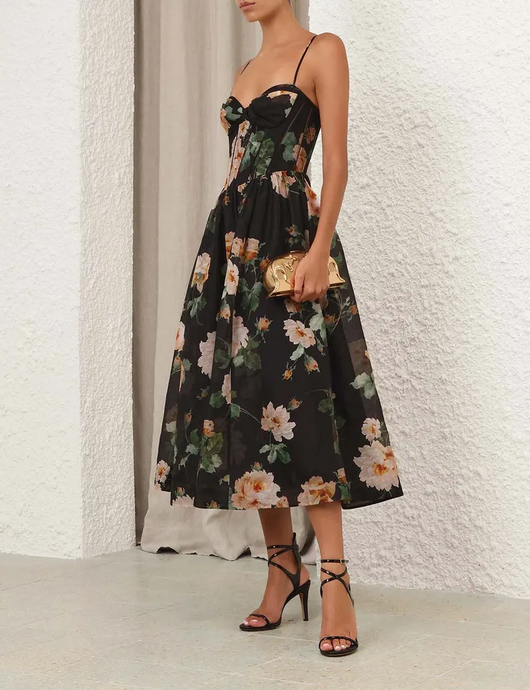 Zimmermann Luna Corset Midi Dress Black Rose Size 0 / AU 8 for rent on The Volte - main image