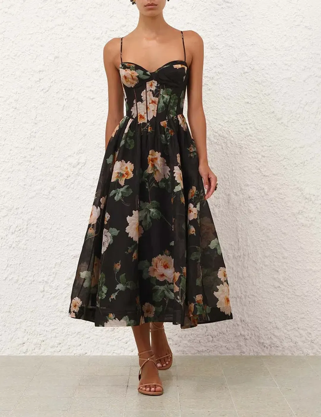 Zimmermann Luna Corset Midi Dress Black Rose Size 0 / AU 8 for rent on The Volte - main image