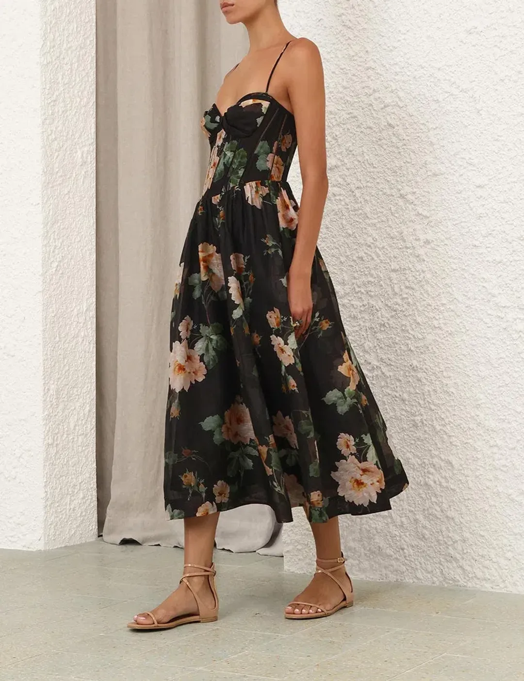Zimmermann Luna Corset Midi Dress Black Rose Size 0 / AU 8 for rent on The Volte - main image