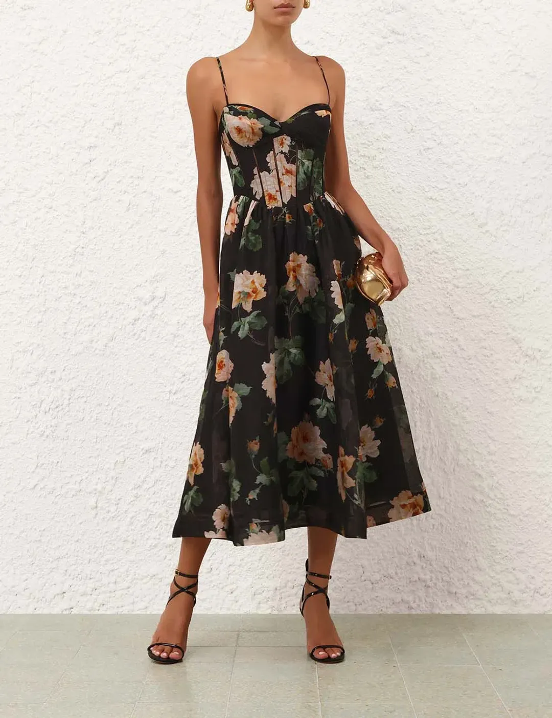 Zimmermann Luna Corset Midi Dress Black Rose Size 0 / AU 8 for rent on The Volte - main image